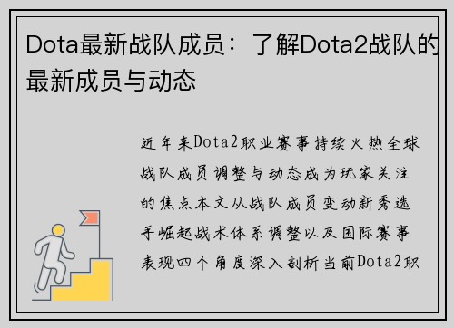Dota最新战队成员：了解Dota2战队的最新成员与动态